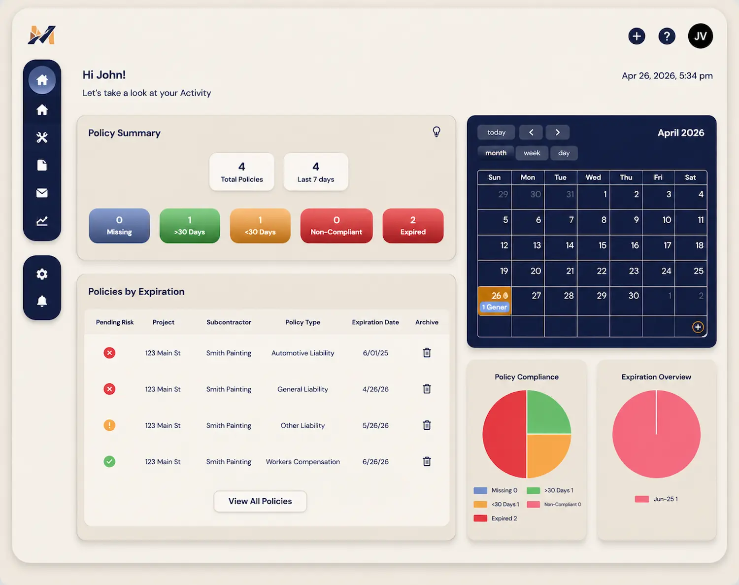 COI tracking dashboard for construction teams